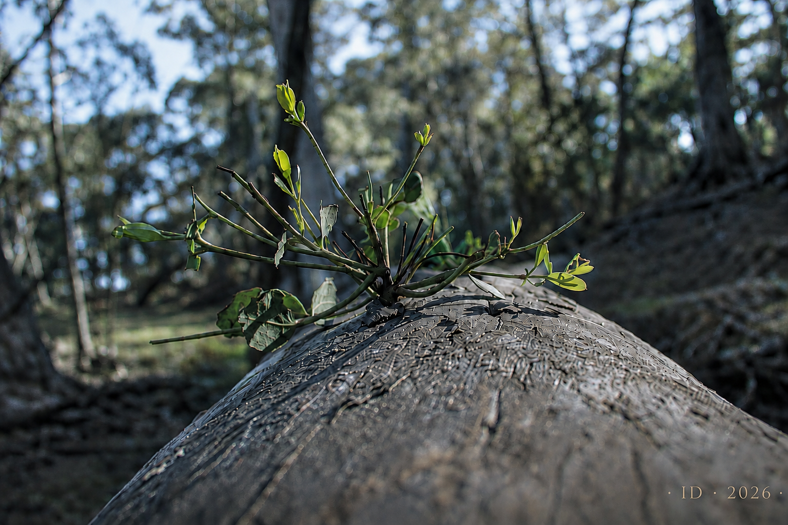 New green shoots growing from a fallen tree trunk in bushland